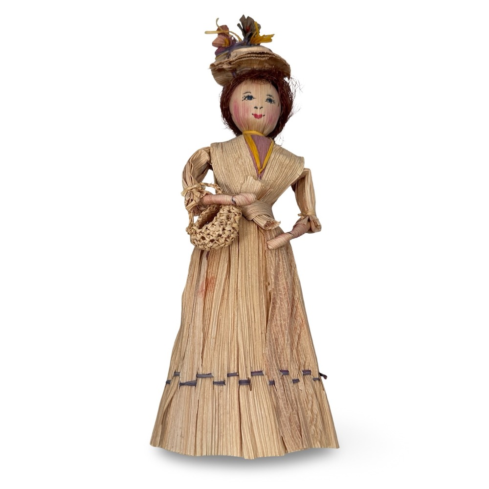 Vintage Handmade Corn Husk Doll Woman with Basket Floral Hat Folk Art 8 Inch
